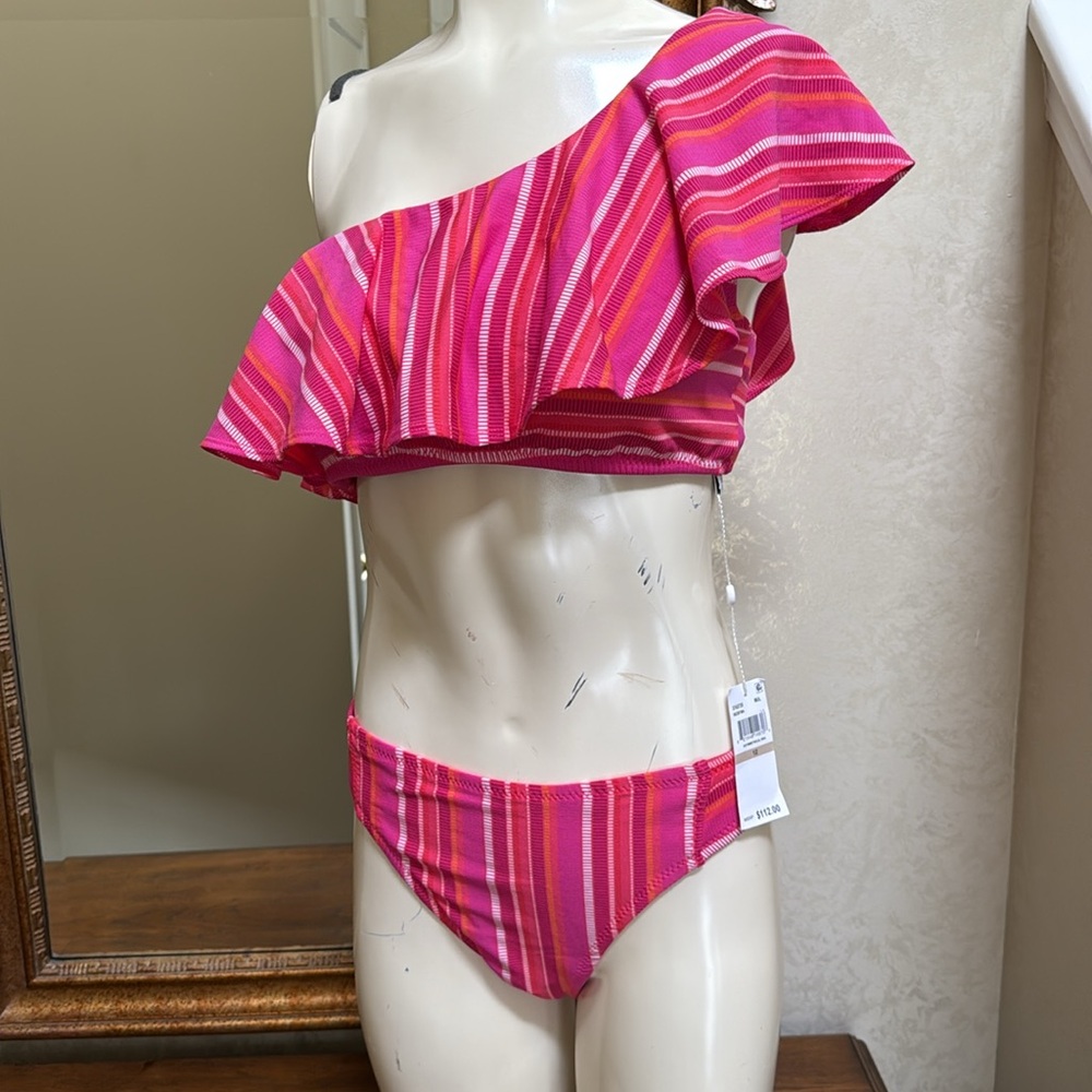 Trina Turk Striped One-Shoulder Bikini, top and bottom.  Size 12.